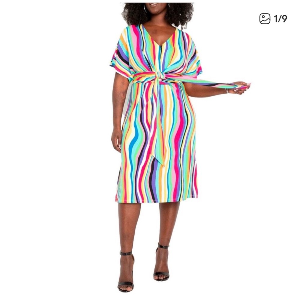 Eloquii Wrap Around MIDI dress Women's 14 Plus Liquid Rainbow Stripe V Neck